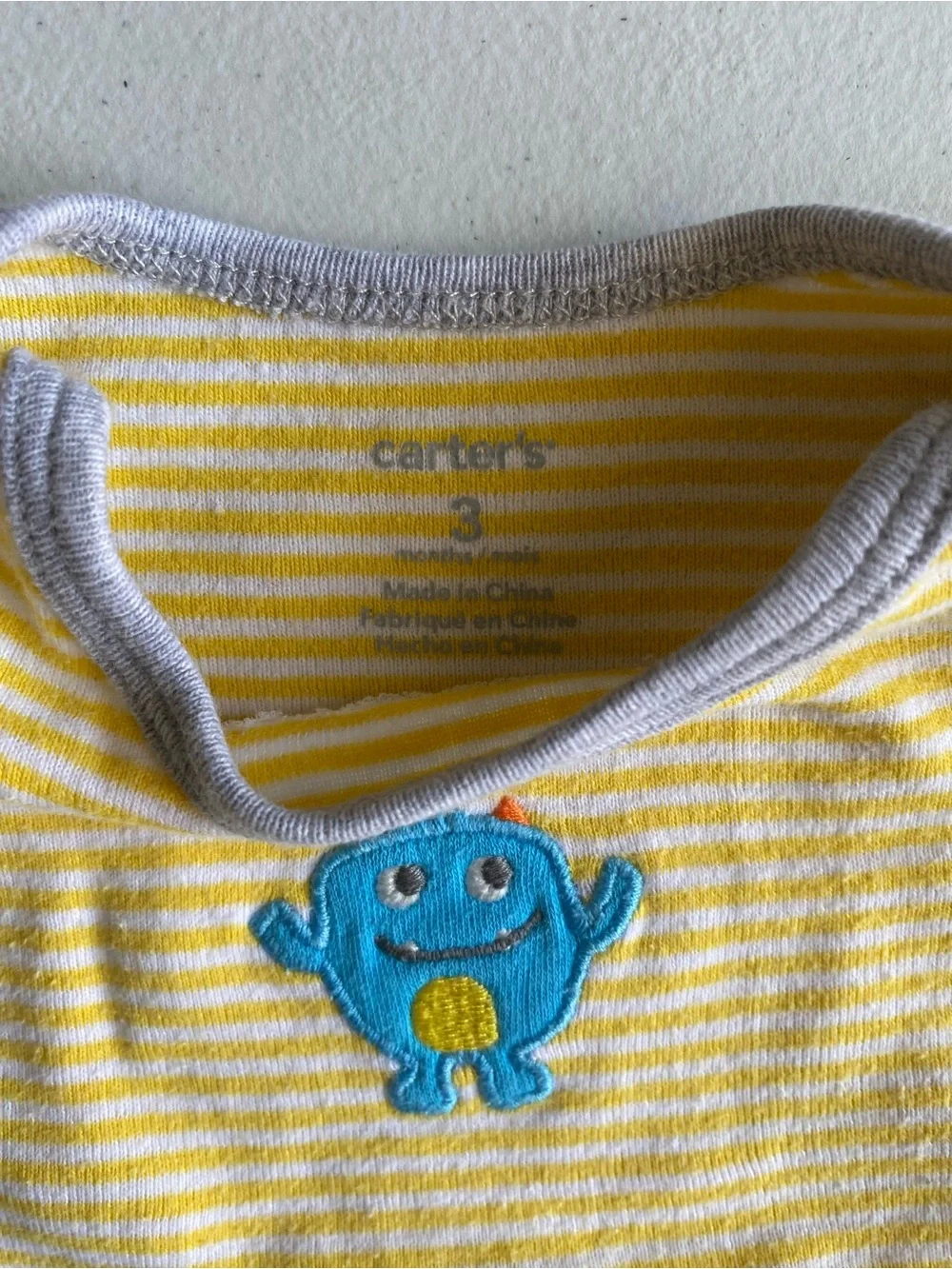 Carter's Yellow White Striped Blue Monster Baby Bodysuit Onesie 3M